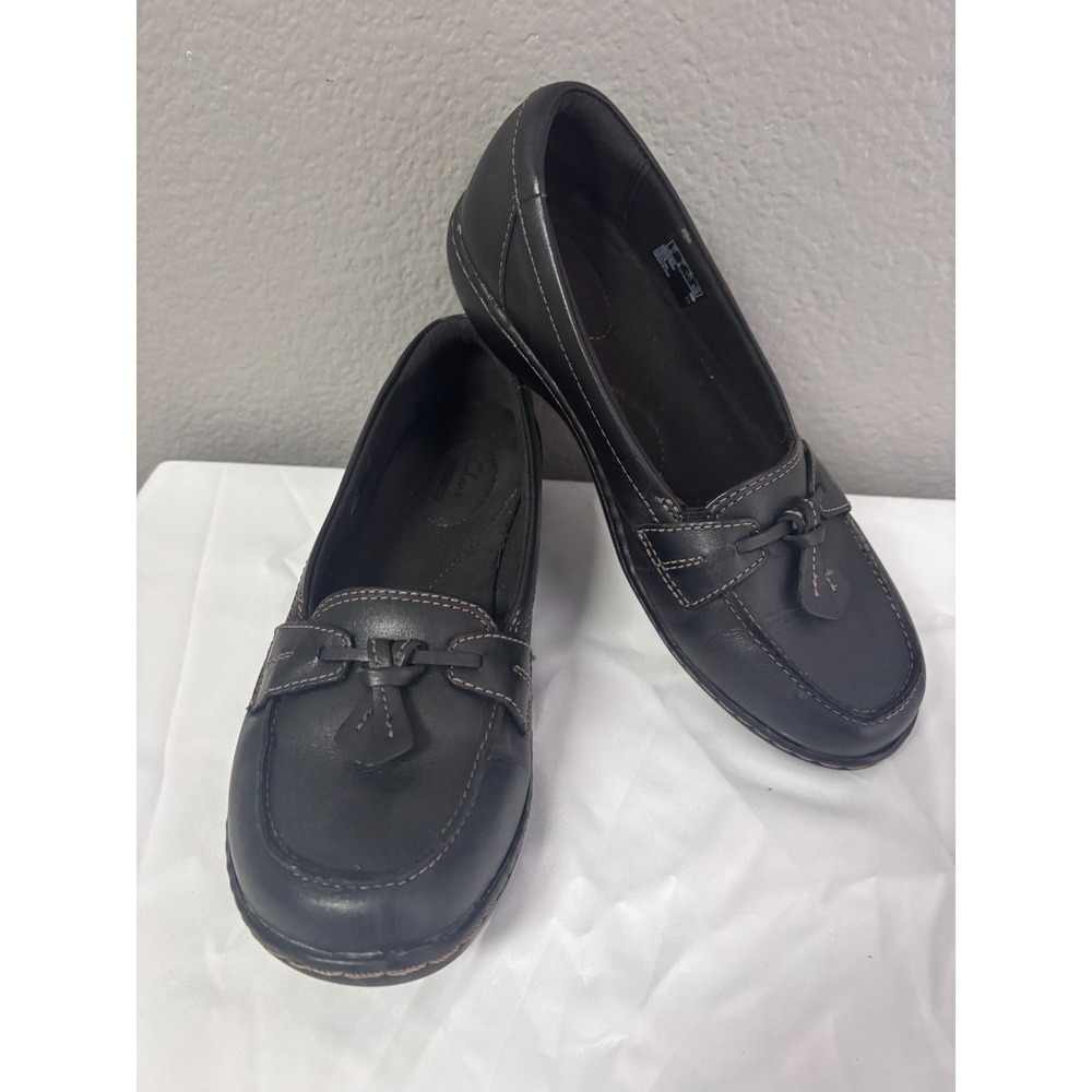 Clarks Womens 7 Loafers Black Leather Moc Toe Bow Accent Professional Workwear